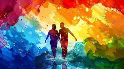 Romantic Moment Between Two Men with Rainbow Background, LGBTQ Pride, Tender Face Touch Emphasizing Love and Connection