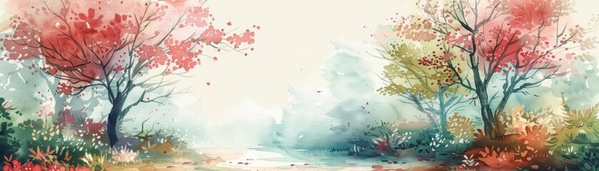 The watercolor painting shows colorful trees in an abstract style