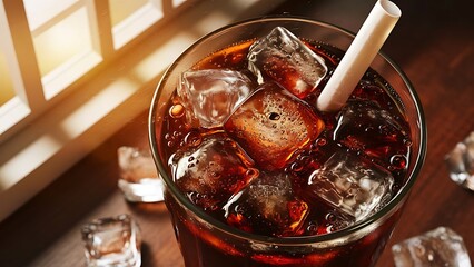 Close up glass of refreshing cola with ice on table