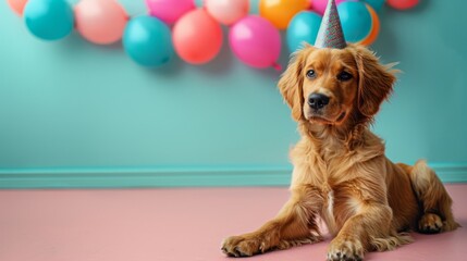 Funny dog in a festive cap on a blue and pink background with balloons. Birthday celebration. Party invitation. Free space for text