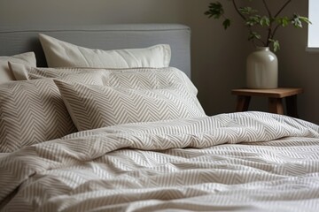 A warm, inviting bedroom scene featuring stylish patterned bedding . Bedsheets with subtle chevron accents