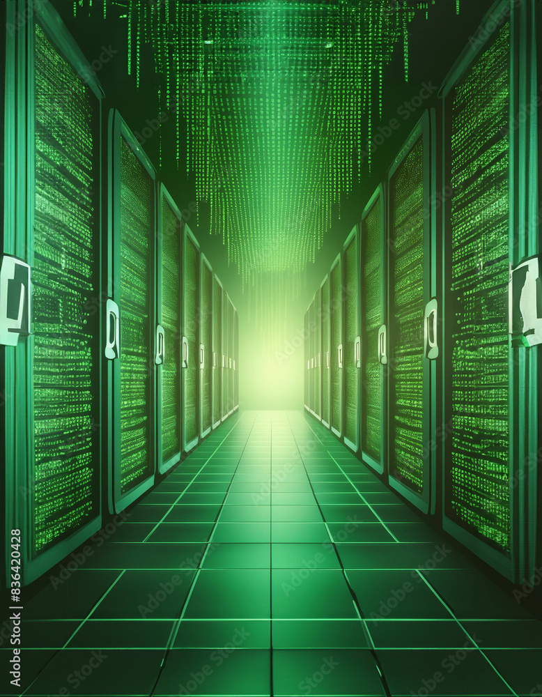 Poster vast server room with endless rows of glowing green servers and cascading data streams