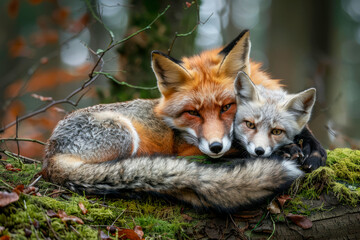 Fototapeta premium fox and little fox cub lie on moss in forest cold day, wild animal survival