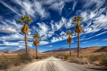oasis with palm trees on deserted road in desert against blue sky