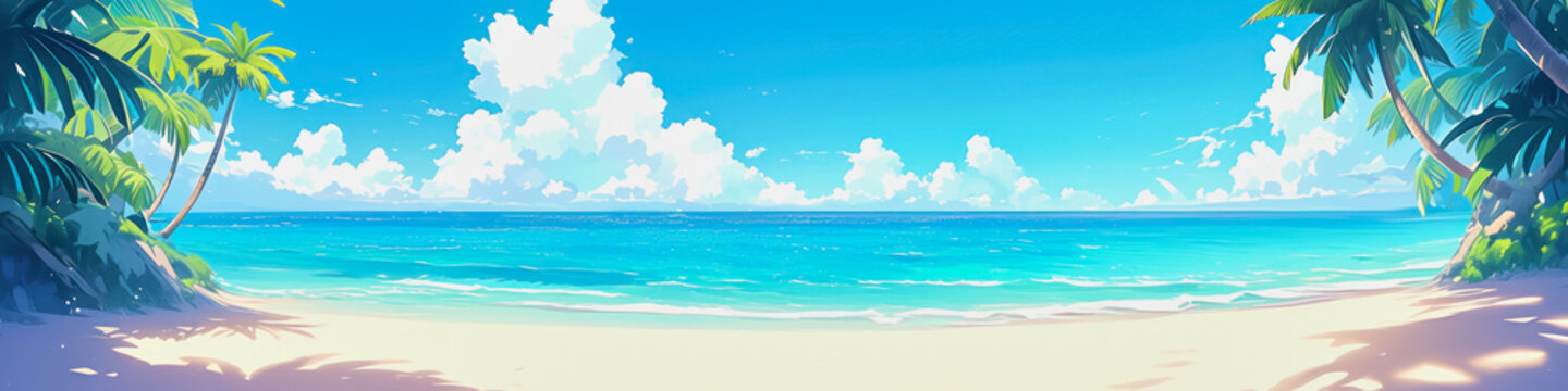 banner illustration of anime landscape with tropical beach, anime style