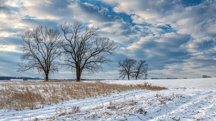 A snowy field with solitary trees against a cloudy winter sky