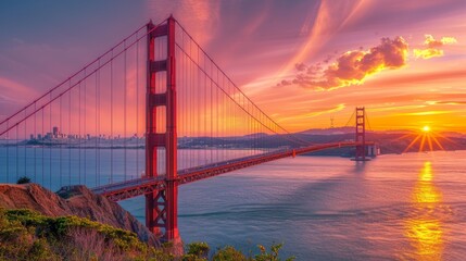 Obraz premium A panoramic view of the Golden Gate Bridge, San Francisco, California, showing sunset light on a cloudy sky