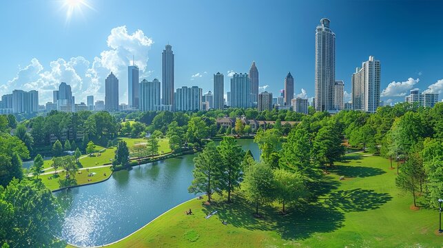 Under a blue sky, the downtown Atlanta skyline shows several prominent buildings and hotels.