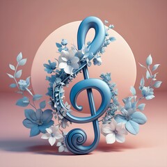 Three dimensional blue melodious treble clef adorned by flowers and leaves effortlessly encircling it