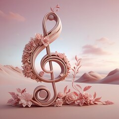 Three dimensional pink melodious treble clef adorned by flowers and leaves effortlessly encircling it