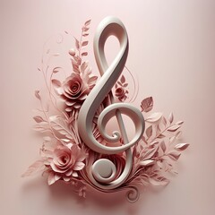 Three dimensional pink melodious treble clef adorned by flowers and leaves effortlessly encircling it