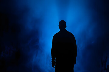 dark silhouette against eerie blue light evokes mystery. generative ai