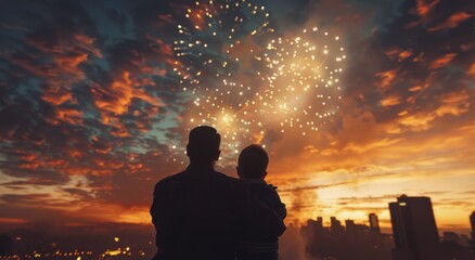 Couple Watching Fireworks Display Over City Skyline at Sunset
