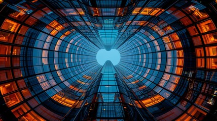 Circular view of a skyscraper atrium with orange lighting