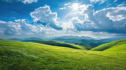 Green Hills Photography under Blue Sky and Clouds