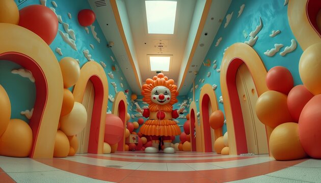 Giant clown figure in a whimsical and colorful hallway