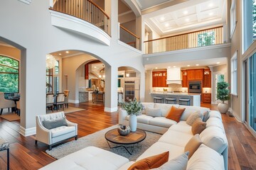 Beautiful and large living room interior with hardwood floors and vaulted ceiling in new luxury home. View of Kitchen, entryway, and second story loft style area.