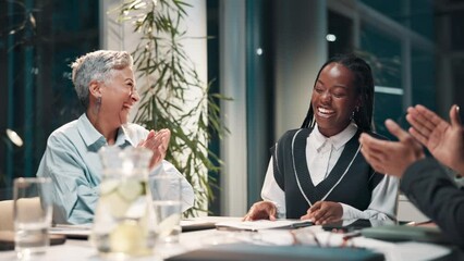 Applause, high five and business people meeting for deal, partnership or collaboration in office with drinks. Corporate team, celebration or clapping in boardroom for evening communication or support