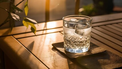 Glass of water with ice cubes on a wooden table in the evening