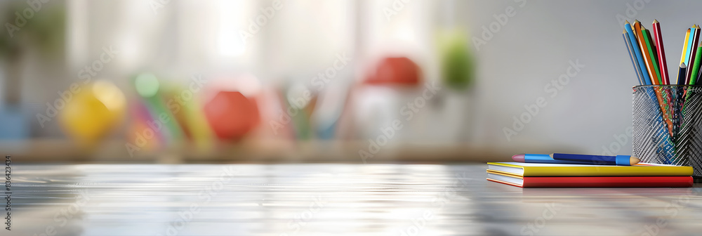 Poster colored pencil set on a plain white background with space for text