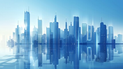 Obraz premium Modern skyscrapers of a smart city, futuristic financial district, graphic perspective of buildings and reflections - Architectural blue background for corporate and business brochure template