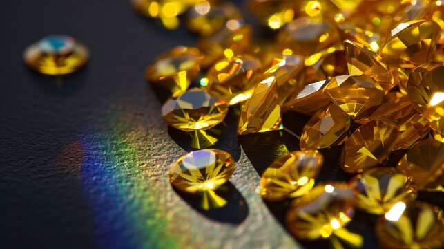 yellow diamods, oval form, top view, black background with rainbow.
