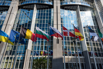 Fluttering flags of the countries of the European Union in a row in Brussels, Belgium. Close up	