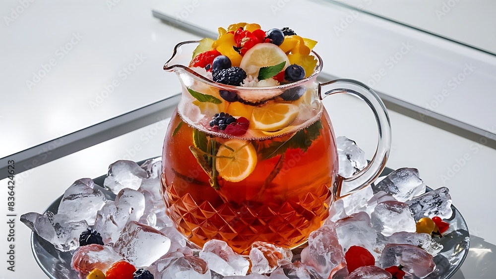 Wall mural set of fresh cold tea with fruits berries and ice on white