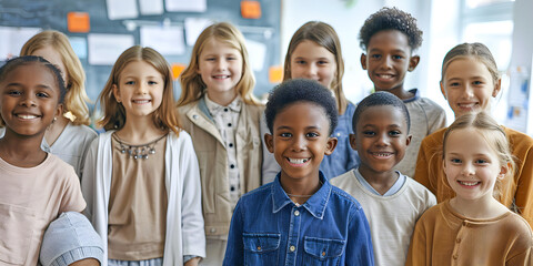 Grupo de niños sonriendo de distintas razas etnicas en un salon de clases