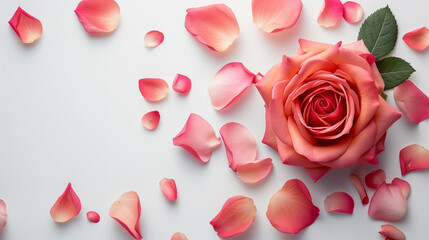 a beautifully detailed pink rose in full bloom, surrounded by scattered rose petals against a soft white background