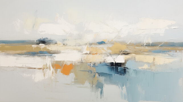 Abstract coastal landscape in hues of blue and gold. Minimalist art background