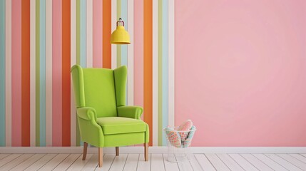 Pastel multi-color vibrant groovy retro striped background wall frame with a bright armchair decor