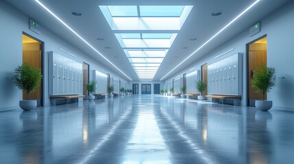 A Long Hallway With Potted Plants and a Skylight in the Ceiling - Generative AI
