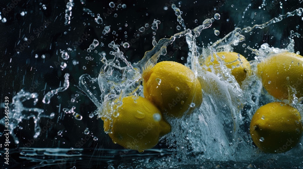 Aufkleber lemons dropping into water creating a design spray captured in frozen motion water splashing with is