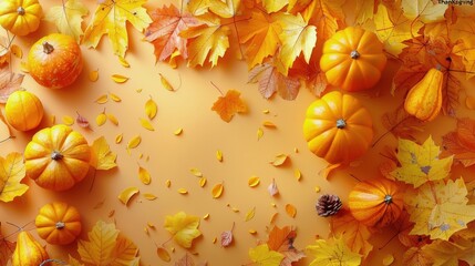 Orange Pumpkins and Fall Leaves on Yellow Background