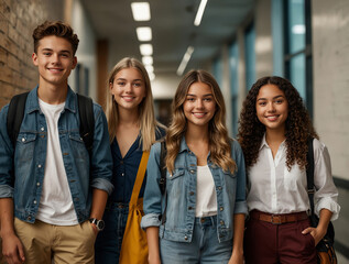 Fototapeta premium Stylish smiling students and standing together in a modern school hallway. Concept back to school