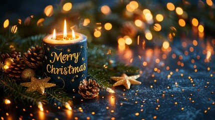 Golden Merry Christmas Greeting With Blue Sparkle Background