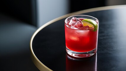 Red fresh cocktail with ice and lime on the black table selective focus