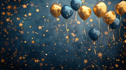 Blue And Gold Balloons With Stars On A Dark Blue Background