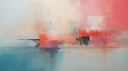 Minimalist abstract painting featuring a serene color palette of soft pinks, oranges, and blues