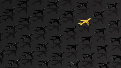 Trendy and stylish rich black airplane pattern with one gold airplane made with 3d illustration on dark background. Minimal travel rewards concept.
