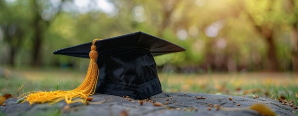 Black Graduation Cap With Gold Tassel On A Sunny Day