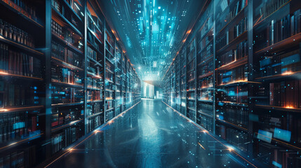 background of a library corridor full of books and binary codes