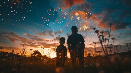 Father And Son Watching Fireworks At Sunset In A Field