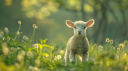 Fototapeta premium A Small Lamb Standing In a Grassy Field With Trees and Flowers in the Background - Generative AI