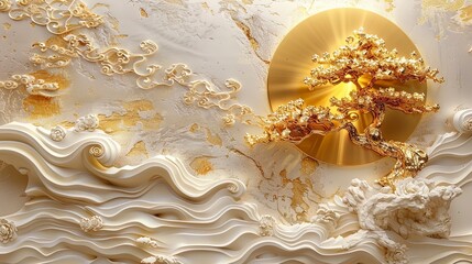 Volumetric stucco molding on a concrete wall with golden elements, Japanese landscape, waterfall, mountains, sakura.