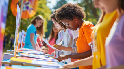 a close-up image of a diverse group of volunteers distributing pamphlets and information on racial prejudice at a community event, with educational banners and stands, Education, A