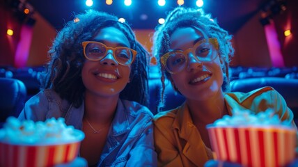 Two friends enjoying popcorn in a vibrant movie theater