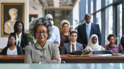 a  of a legal aid clinic with attorneys providing free consultations to individuals affected by racial discrimination, showcasing a diverse range of clients and volun
