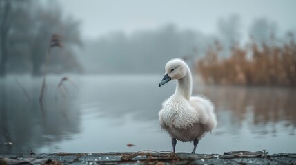 A White Swan Standing In Front of a Body of Water on a Foggy Day - Generative AI